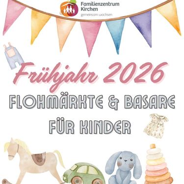 Girlande, Spielzeug und Kinderklamotten in Aquarellstil mit der Information Frühjahr Flohmärkte & Basare für Kinder