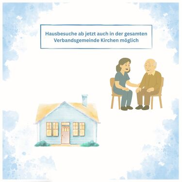 Illustration zu Hausbesuchen: Betreuungsperson besucht einen älteren Mann in seinem zu Hause. Daneben ist ein Haus dargestellt.