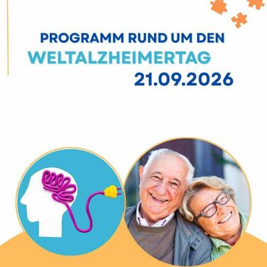 Programm rund um den Wektalzheimertag 21.09.2026 Älteres Ehepaar lächelt, daneben eine Grafik mit Kabelstecker als Gehirn