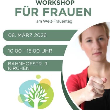 Plakat zum Selbstsicherheits-Workshop für Frauen am 08. März 2026 in Kirchen mit Frau und ausgestreckter Faust als Symbol für Stärke.