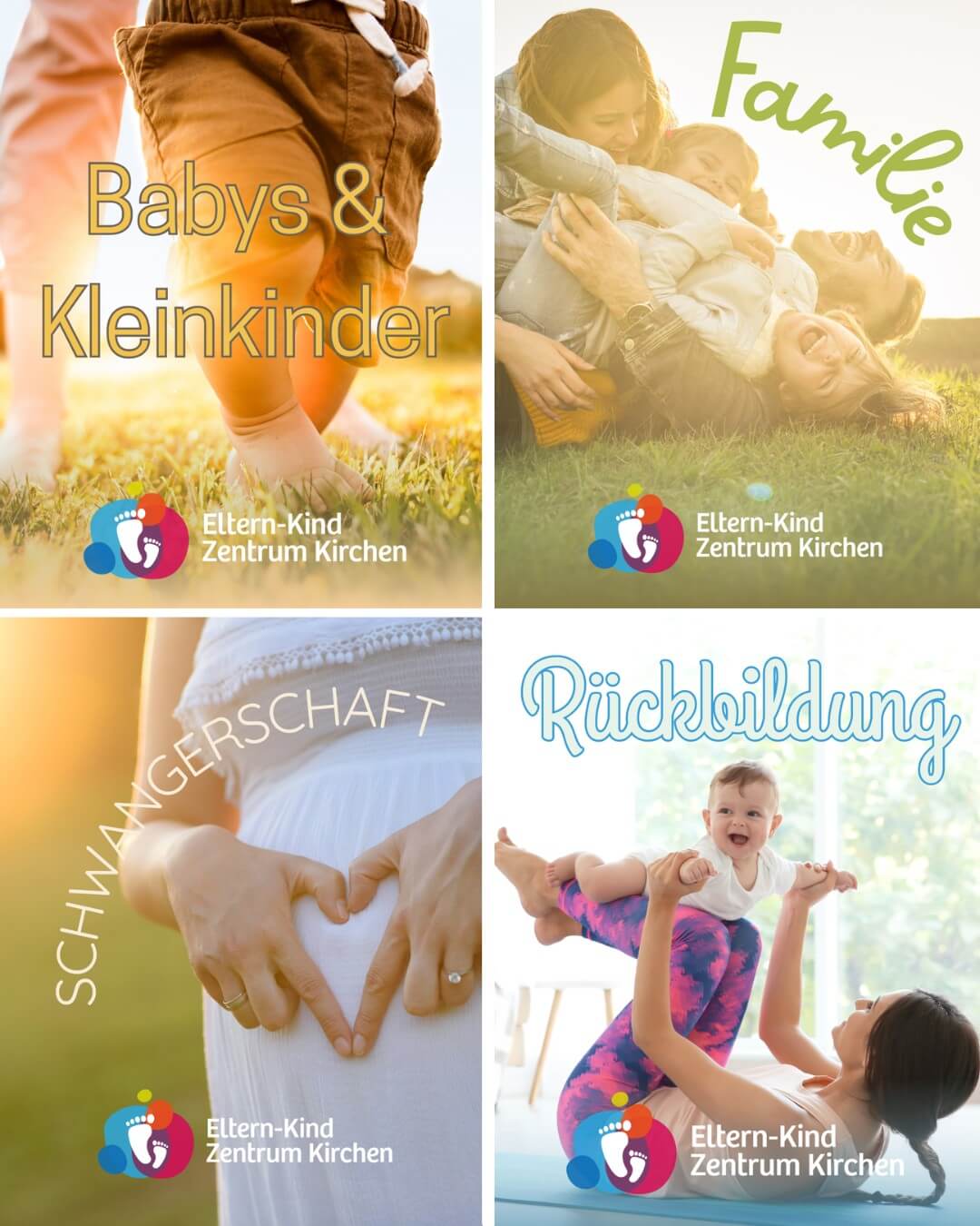 Vier Kursbereiche des Eltern-Kind-Zentrums Kirchen: Babys und Kleinkinder, Schwangerschaft und Rückbildung.