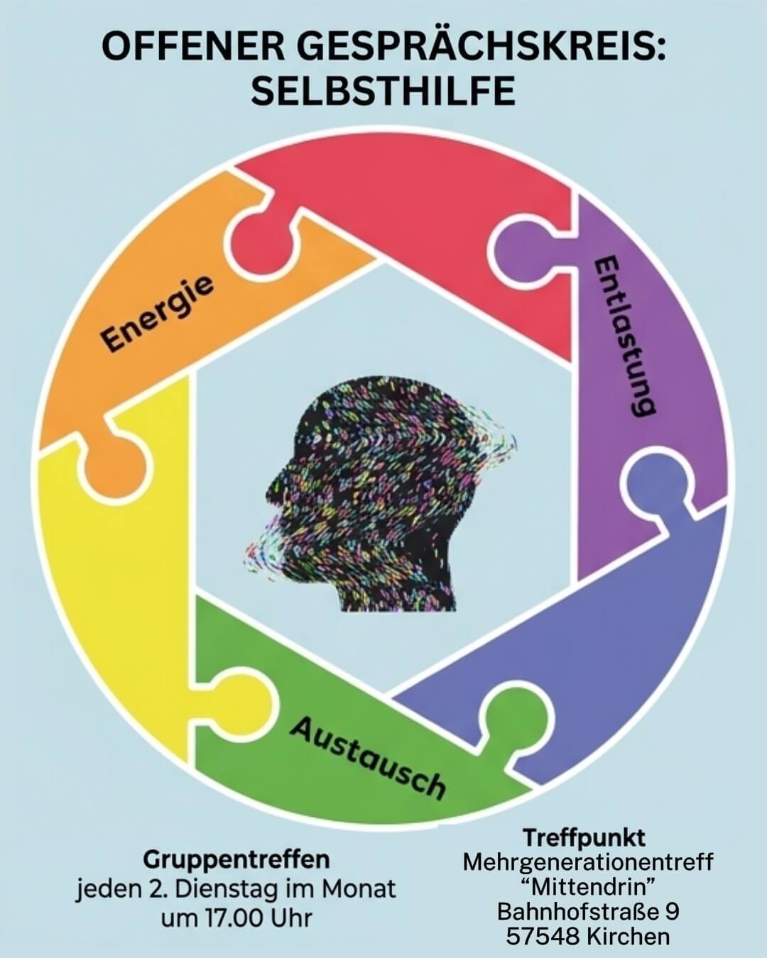lakat für einen offenen Selbsthilfe Gesprächskreis mit buntem Puzzle-Kreis-Kopf-Silhouette. Auf den Puzzleteilen stehen Begriffe "Energie", "Entlastung","Austausch" und Informationen zu Treffen und Veranstaltungsort in Kirchen (Sieg).