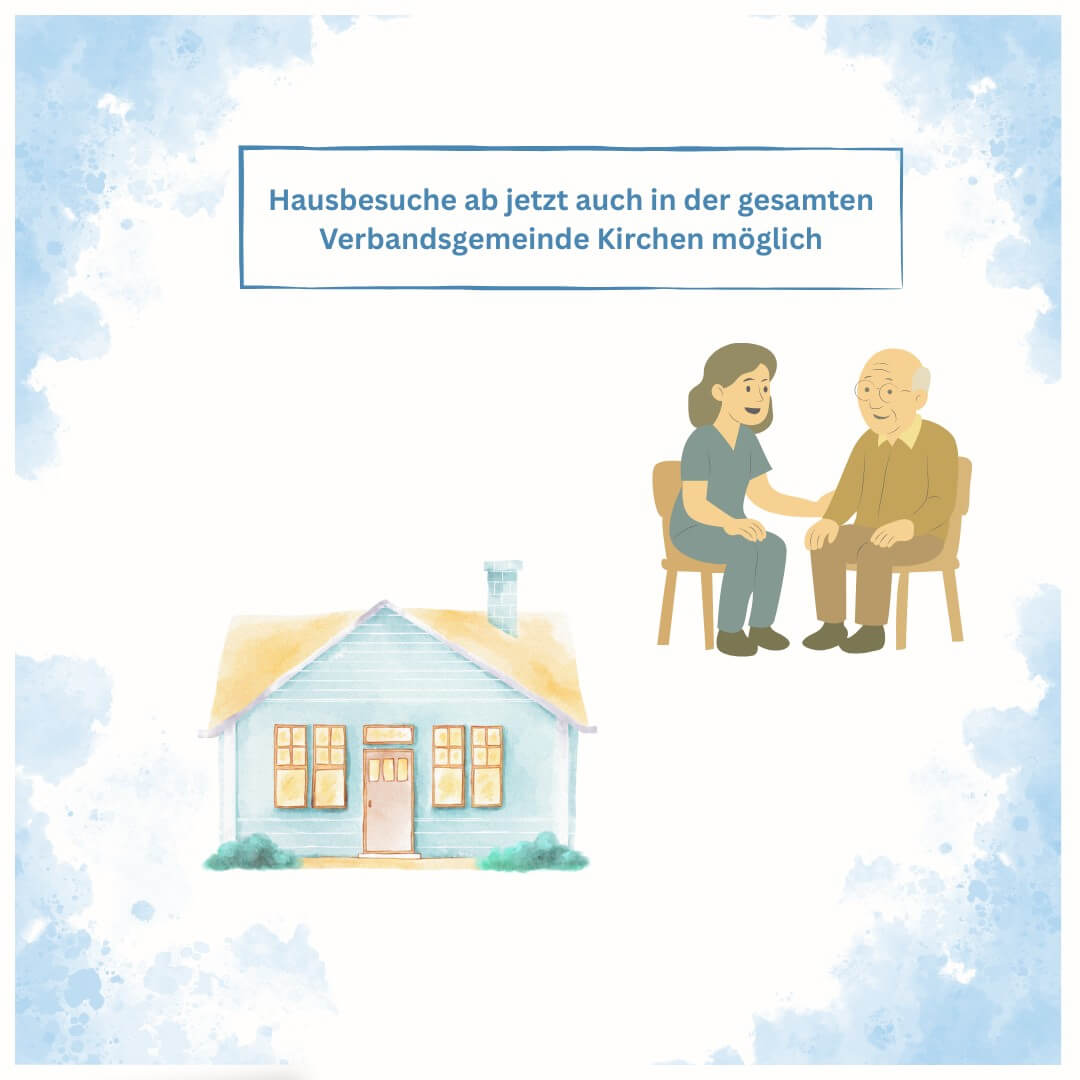 Illustration zu Hausbesuchen: Betreuungsperson besucht einen älteren Mann in seinem zu Hause. Daneben ist ein Haus dargestellt.